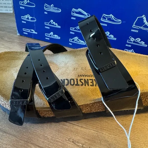 Birkenstock Franca Patent Black Sandals with Black Buckles