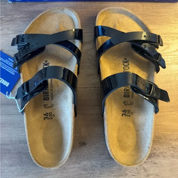 Birkenstock Franca Patent Black Sandals with Black Buckles