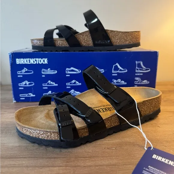Birkenstock Franca Patent Black Sandals with Black Buckles