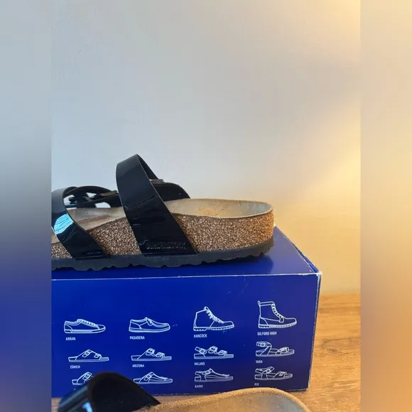 Birkenstock Franca Patent Black Sandals with Black Buckles