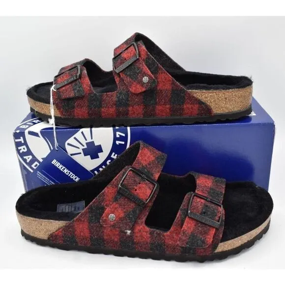 Birkenstock Mens EU 45 US 12 Arizona Rivet Plaid Red Regular Fit Wool Sandals