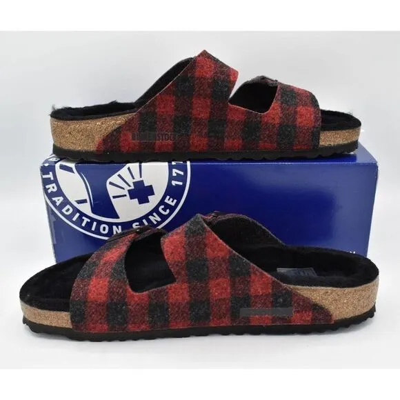 Birkenstock Mens EU 45 US 12 Arizona Rivet Plaid Red Regular Fit Wool Sandals