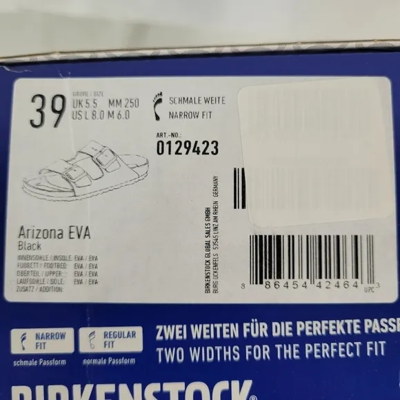Birkenstock Unisex Arizona Essentials EVA Black Sandals Sz W8 M6 Narrow Fit NIB