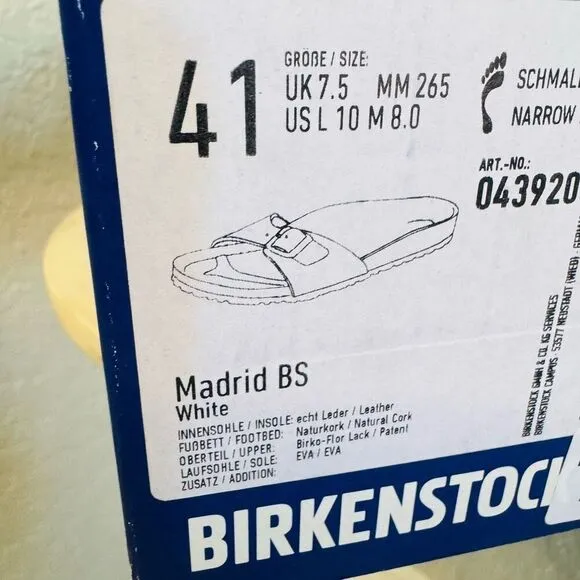 Birkenstock Women's Madrid Birko-Flor Sandals, White, Size 10.5 Euro 41, NWT