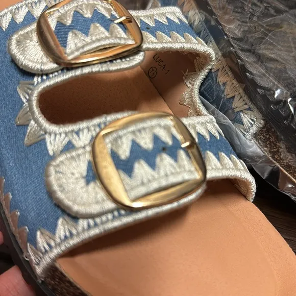 Blue and White Buckle Sandals New In Box Sz 7.5