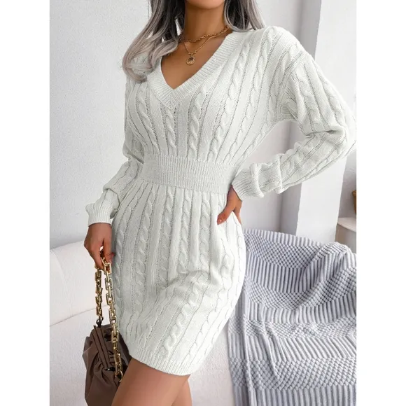 Blue V-Neck Sweater Dress