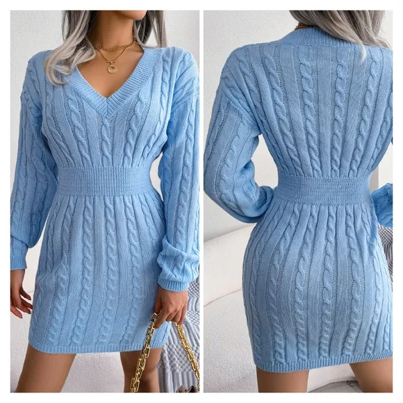 Blue V-Neck Sweater Dress