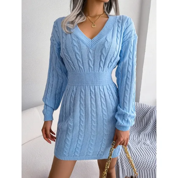 Blue V-Neck Sweater Dress