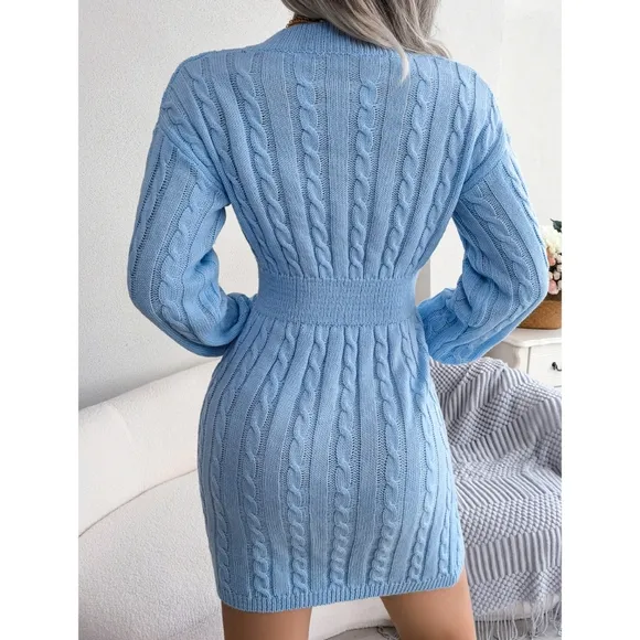 Blue V-Neck Sweater Dress