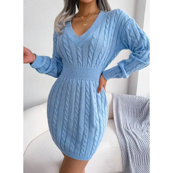 Blue V-Neck Sweater Dress