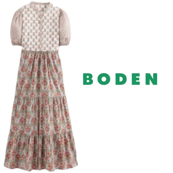 Boden Floral Pintuck Detail Tiered Short Puffed Sleeve Relaxed Cotton Maxi Dress