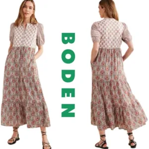 Boden Floral Pintuck Detail Tiered Short Puffed Sleeve Relaxed Cotton Maxi Dress
