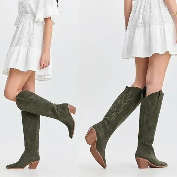 Boots 8 Green Knee High Pointed Toe Block Heel Western Suede Horse iiimmu SZ 9.5