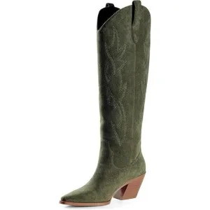 Boots 8 Green Knee High Pointed Toe Block Heel Western Suede Horse iiimmu SZ 9.5