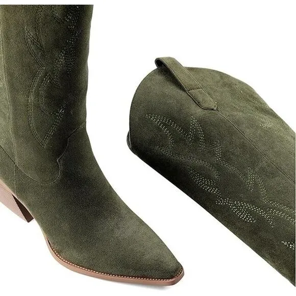 Boots 8 Green Knee High Pointed Toe Block Heel Western Suede Horse iiimmu SZ 9.5