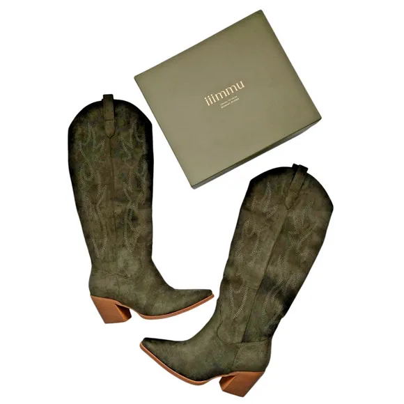 Boots 8 Green Knee High Pointed Toe Block Heel Western Suede Horse iiimmu SZ 9.5
