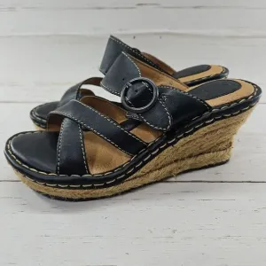 Born Boc Wedge Sandals Womens 7 Black‎ Leather Comfort Espadrille Strappy Shoe