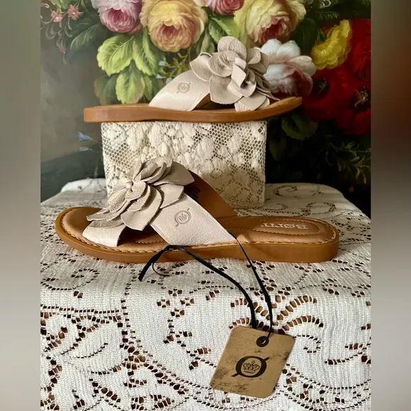 Born Ivory Leather Flower Sandals