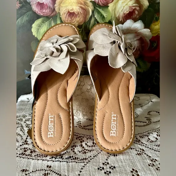 Born Ivory Leather Flower Sandals
