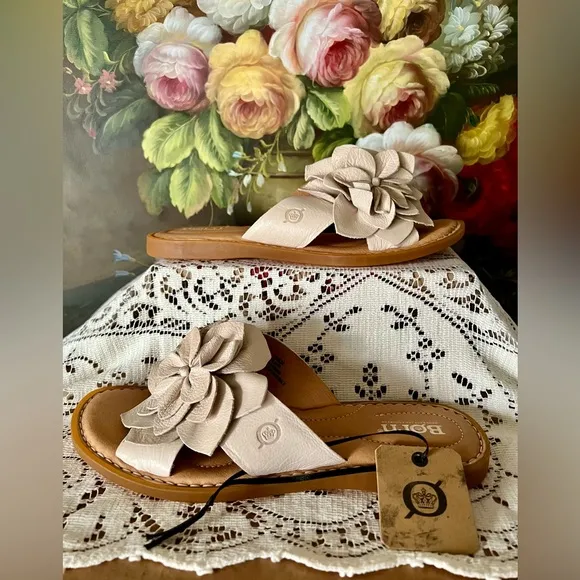 Born Ivory Leather Flower Sandals