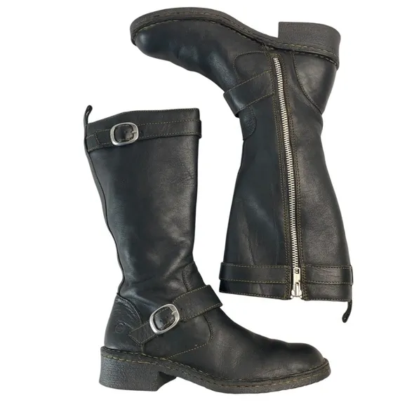 Born Leather Boots Mid-Calf Double Buckle Bike Ride Moto Black Size 6.5/37