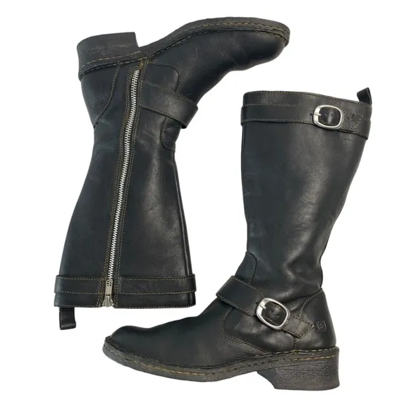 Born Leather Boots Mid-Calf Double Buckle Bike Ride Moto Black Size 6.5/37