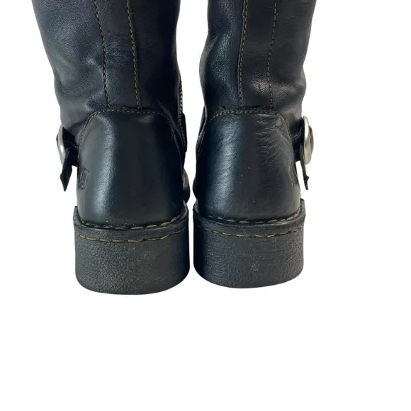 Born Leather Boots Mid-Calf Double Buckle Bike Ride Moto Black Size 6.5/37