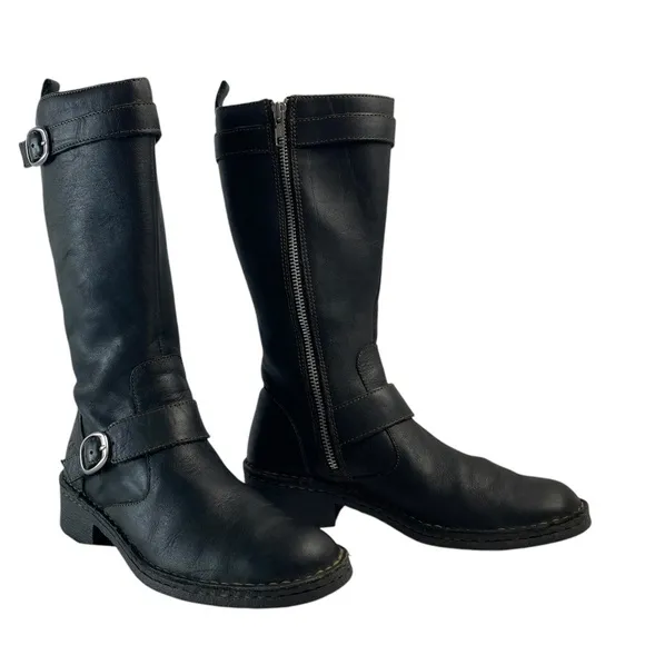 Born Leather Boots Mid-Calf Double Buckle Bike Ride Moto Black Size 6.5/37