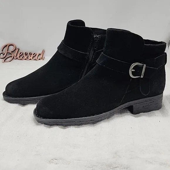 🍂BORN🍂 LESLEY🍂 BLACK LEATHER SUEDE SIDE BUCKLE STRAP BOOTIES LADIES 7.5 NWOB