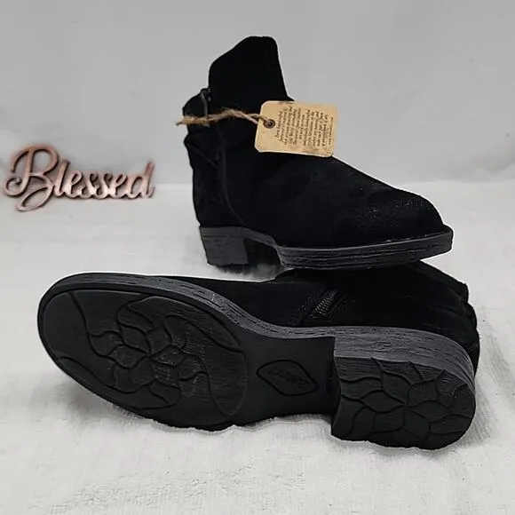 🍂BORN🍂 LESLEY🍂 BLACK LEATHER SUEDE SIDE BUCKLE STRAP BOOTIES LADIES 7.5 NWOB