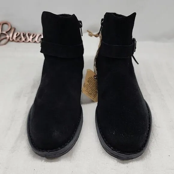 🍂BORN🍂 LESLEY🍂 BLACK LEATHER SUEDE SIDE BUCKLE STRAP BOOTIES LADIES 7.5 NWOB