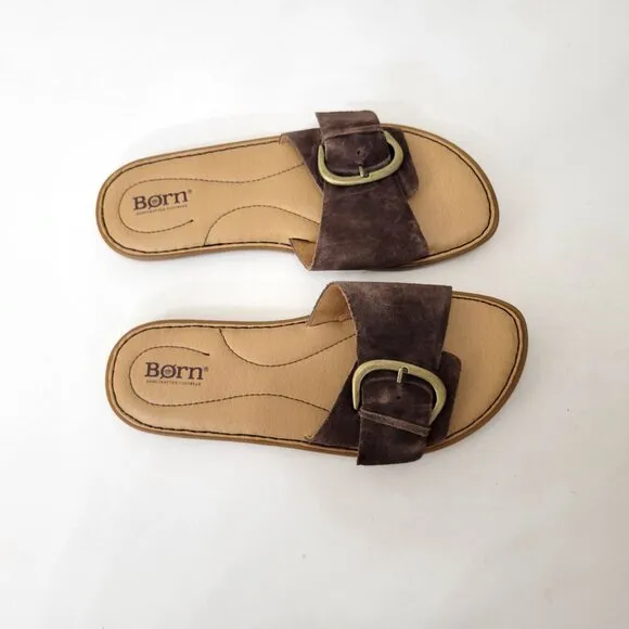 Born Miarra Brown Suede Slide Sandals With Buckle Detail &amp; Comfort Insole Women'
