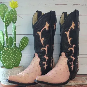Botas Jaca Women's Black Pink Ostrich Leather Western Cowboy Boots RUN SMALL 6 7