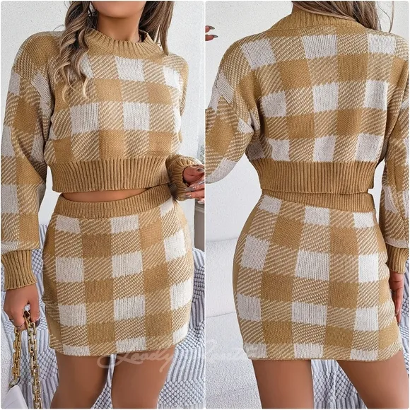 Burgundy Plaid Top and Skirt Sweater Set