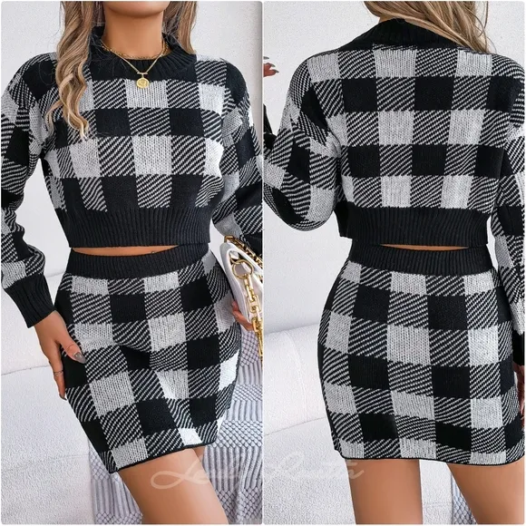 Burgundy Plaid Top and Skirt Sweater Set