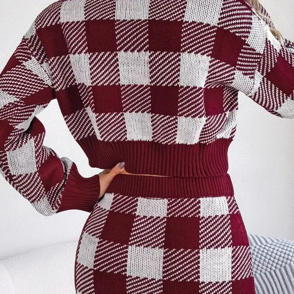 Burgundy Plaid Top and Skirt Sweater Set