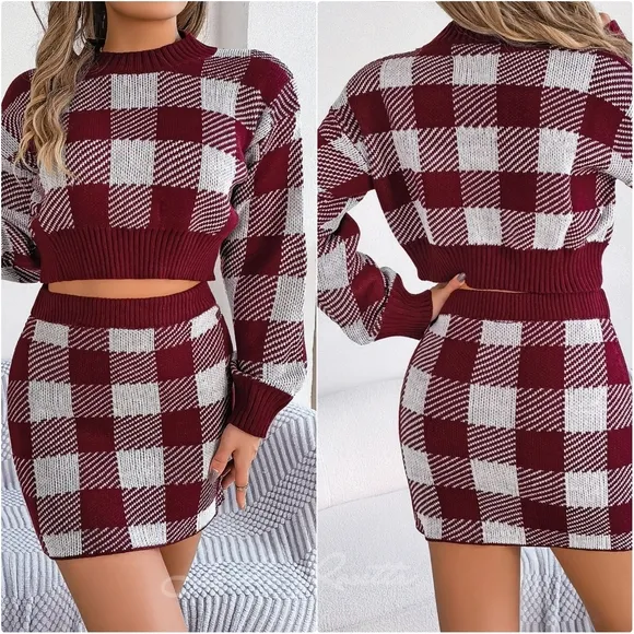 Burgundy Plaid Top and Skirt Sweater Set