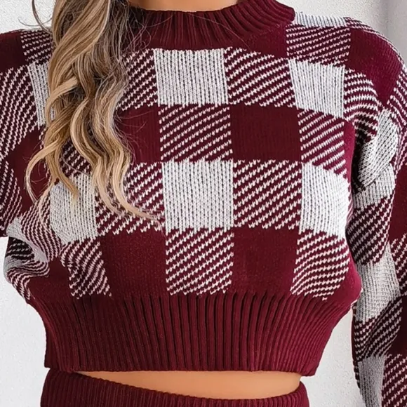 Burgundy Plaid Top and Skirt Sweater Set