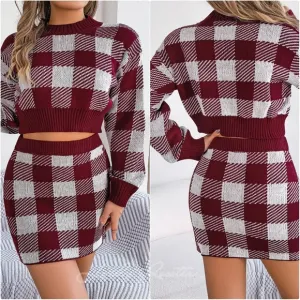Burgundy Plaid Top and Skirt Sweater Set