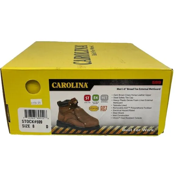 Carolina Men's 6&quot; Brown Broad Toe External MetGuard 599 Work Boot - Size 8 D
