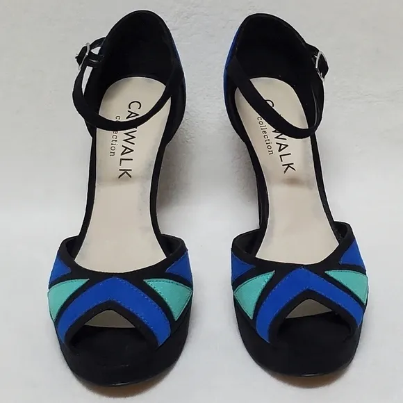 CATWALK Collection Blue Green Colorblock Faux Suede Ankle-Strap Platform Heels