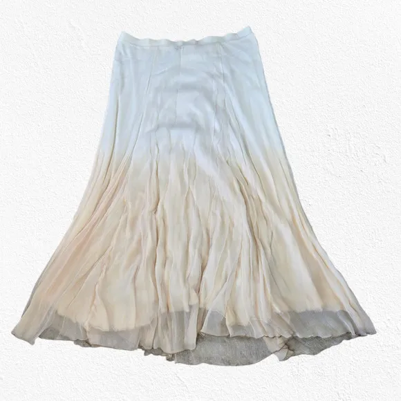 Chico's Cream Beige Crinkle Boho Flowy Lined Ombre Pleated Maxi Skirt Size 2