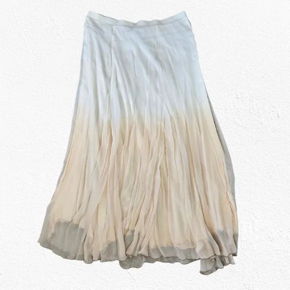Chico's Cream Beige Crinkle Boho Flowy Lined Ombre Pleated Maxi Skirt Size 2