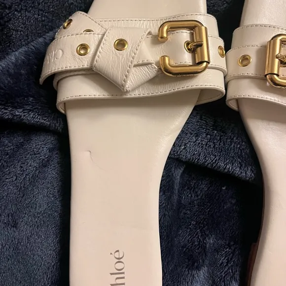 Chloe White Sandals with Gold Accents