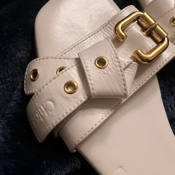 Chloe White Sandals with Gold Accents