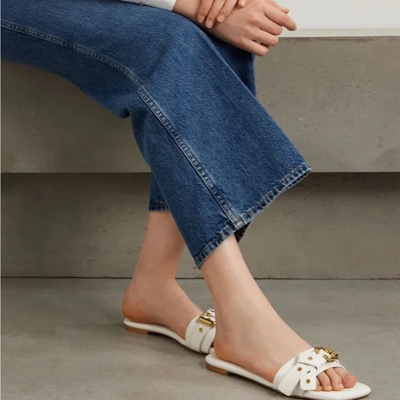Chloe White Sandals with Gold Accents