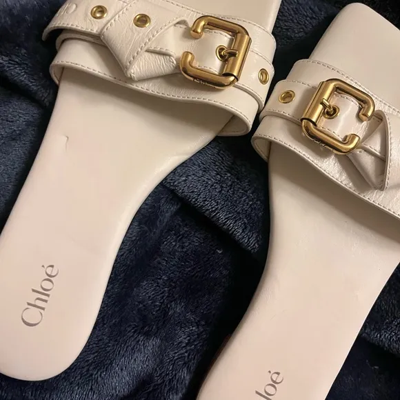 Chloe White Sandals with Gold Accents