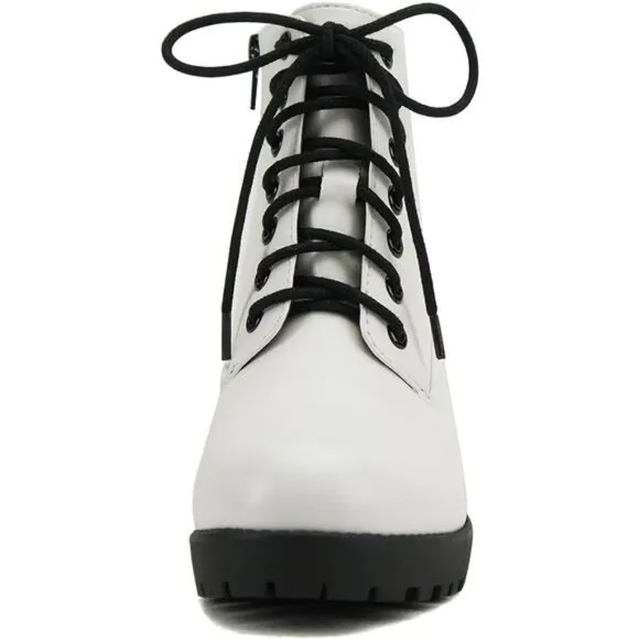 Chunky Heel Combat Ankle Bootie Lace-up with Side Zipper Lug Sole Fashion Boots