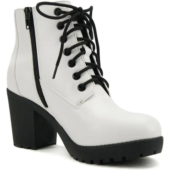 Chunky Heel Combat Ankle Bootie Lace-up with Side Zipper Lug Sole Fashion Boots