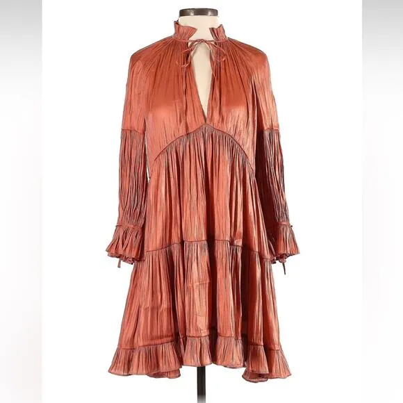 Cinq a Sept Phyllis Shirred Peasant Dress-Bronze Orange-00